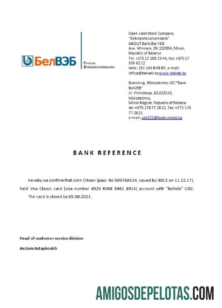 Referência de fechamento BelVeb da Bielorrússia exemplo real